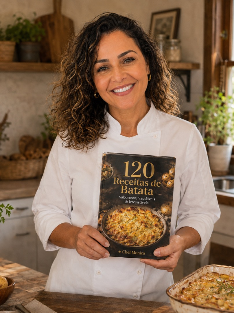 A especialista que assina o guia, segurando o livro 120 Receitas de Batata